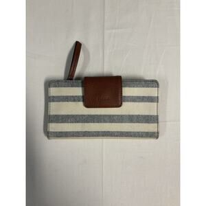 FOSSIL Women's Clutch Wallet 7” Off White Light Brown Grey Lines Foldover